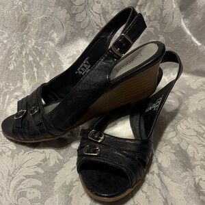 Laura Scott Black Slingback Wedge Sandals with Double Buckle